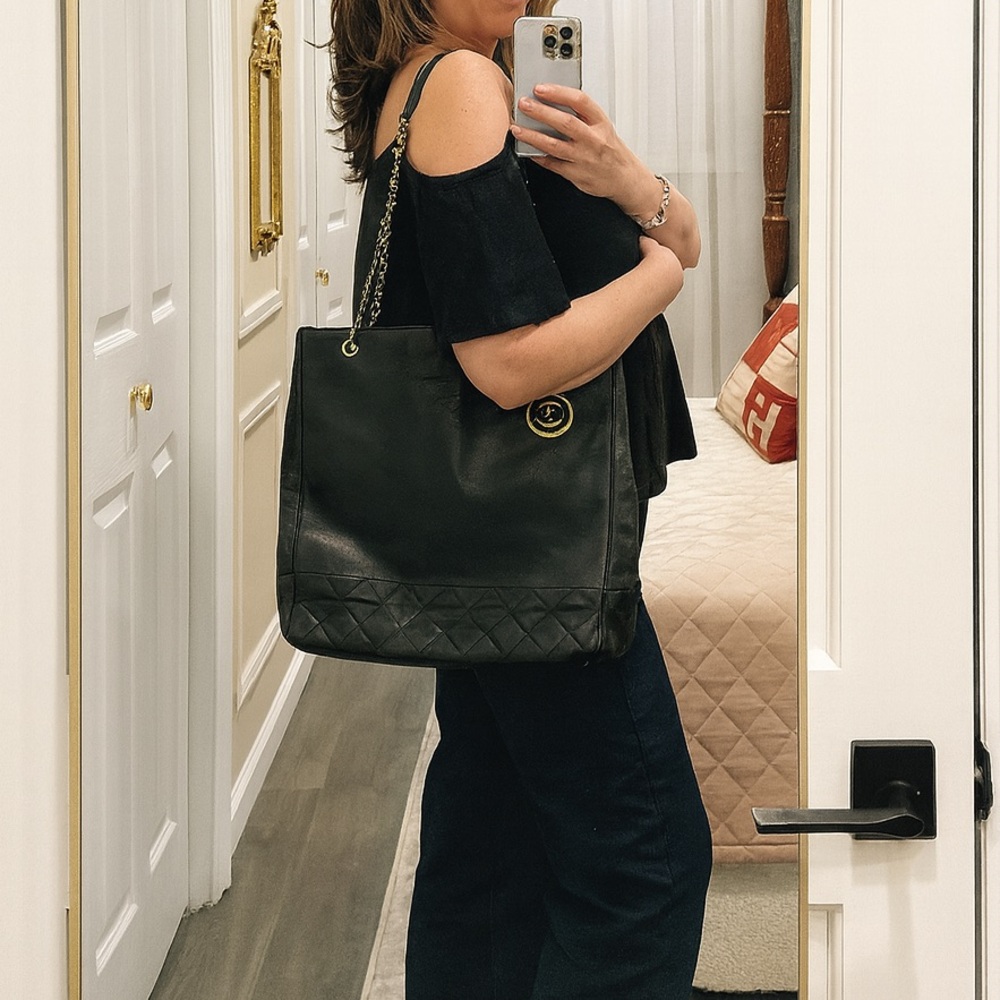 Chanel vintage black leather lambskin tote bag- oversized!